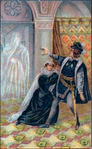 Gertrude, Hamlet og spøkelset til Hamlets far. I "" Hamlet", av William Shakespeare. Kromolitografi fra slutten av 1800-tallet. av Unknown artist
