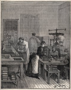 Forgylling av bøker (omslag) i jern i et verksted i Frankrike på 1800-tallet. Gravering fra 1885 i "" Les arts et metiers illustres"" av Adolphe BITARD. av Unknown artist