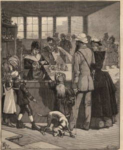 Glasskunst: turister som kjøper en perle blåst i en glassfabrikk i Venezia, Italia. Gravering fra 1885 i "" Les arts et metiers illustres"" av Adolphe BITARD. av Unknown artist