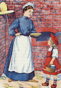 Gå og ta den kaken og den kjelen med smør til bestemoren din. Anonym illustrasjon for "Den lille rødhette", fortelling av Charles Perrault (1628-1703), fransk forfatter. Bilder Marcel Vagne, Jarville Nancy, udatert (slutten av 1800-tallet). av Unknown artist
