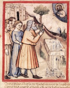 Gud viser seg for Jakob etter å ha bygget opp et miniatyralter fra kodeks 212 (eller Padovano Codice eller Bible of Padua) 1390-1400 Rovigo, Accademia dei Concordi av Unknown artist