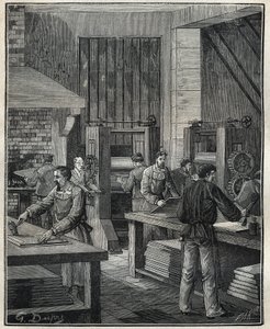 Gullsmed: klargjøring av platen, klargjøring av metallet for utførelse av et spesielt sølvtøy. Gravering fra 1885 i "" Les arts et metiers illustres"" av Adolphe BITARD. av Unknown artist