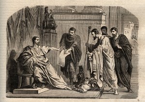 Gordian I (158-238) nektet keiserlig verdighet - Gordian I (Marcus Antonius Gordianus Sempronianus Romanus Africanus) nektet den keiserlige verdigheten - gravering i "" Dictionnaire populaire illustrious" - 1864 - av Joseph Decembre og Edmond Allonier - av Unknown artist