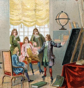 Gottfried Wilhelm Leibniz (1646-1716), German philosopher and mathematician; demonstrating his theories on differential calculation. Chromolithography, late 19th century. av Unknown artist