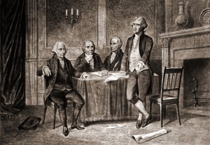 Governor Morris (1752-1816), with Adams, Hamilton and Jefferson. av Unknown artist