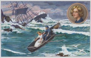 Grace Darling ror ut med faren sin for å redde overlevende fra det skipbrudne fartøyet «Forfarshire» i 1838. (kromolitho) av Unknown artist