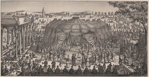 Stor bankett gitt av Tamerlan (1336-1405) (eller Timur Lang, "Timur den lamme") på Khani Gheul-sletten for å feire barnebarnas ekteskap - Gravering fra 1800-tallet av Unknown artist