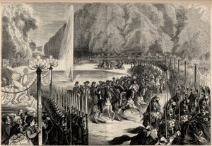Stort magasin av 14. august: Keiser Napoleon III (1808-1873), etterfulgt av hans stab krysser Tuileriehagen i Paris. Hans sønn, den keiserlige prinsen Eugene Louis Joseph (1856-1879), er til høyre for ham. Gravering i "The Universe illustrious" av Unknown artist