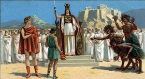 Store greske tragedier: "The Orestia"" av Aischylus. Oreste dukket opp for Areopage eller Høyesterett i Athen, ledet av gudinnen Pallas Athene eller Minerva, assistert av Apollo. Til høyre er Eumenides (de tre furies). Orestie er fraværende av Unknown artist