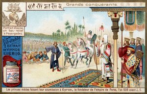 Store erobrere: Medes-prinsene underkaster seg Kyros II den store (559-529 f.Kr.), grunnleggeren av det persiske riket i 538 f.Kr. - Liebig-kromolitografi av Unknown artist