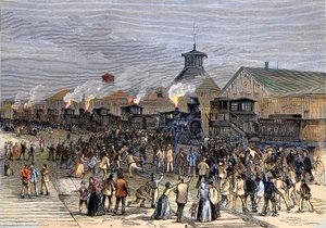 Stor jernbanestreik i 1877, blokade av motorer i Martinsburg, West Virginia av Unknown artist