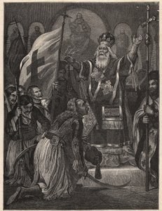 Gresk uavhengighetskrig 1821 - 1829: biskop Germanos (Germain) III av Old Patras (Georgios Gotzias) velsigner flagget for kampen for frihet, Agia Lavra kloster (Sainte Laure du Peloponnese), 21. mars 1821 - gravering etter maling av Unknown artist