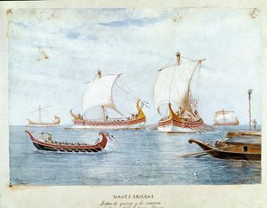 Greske krigsskip og handel (Akvarell av Unknown artist