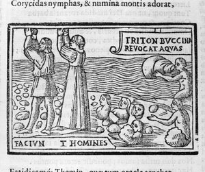 Gresk mytologi: Deucalion og Pyrrha kaster steiner som føder mennesker etter syndfloden for å befolke jorden. Xylografi fra 1500-tallet av Unknown artist