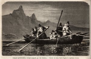 Greenland Umyak, type båt som drives av kvinner. Gravering for å illustrere reisen til det frie havet på den arktiske polen, av doktor Hayes, kirurg ved den amerikanske marinen, i 1860-1862, publisert i "Le tour du monde, nouveau journal des voyages", redi av Unknown artist