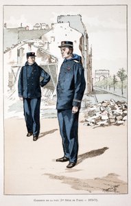 Guardians of Peace (første sete i Paris 1870-1871). Etsning i farger, for illustrasjon "" History of the Corps of Peacekeepers""" bok utgitt i regi av Louis Lepine (1846-1933), prefekt for politiet på Seinen, av Alfred Rey (1864-? av Unknown artist