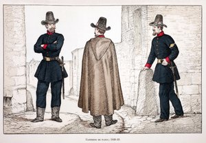 Fredens voktere (1848-1849). Etsning i farger, for illustrasjon "" Histoire du corps des gardes de la paix""" bok utgitt i regi av Louis Lepine (1846-1933) prefekt for politiet på Seinen, av Alfred Rey (1864-?) og Louis Feron av Unknown artist
