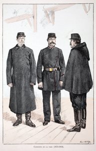 Fredens voktere (1873-1894). Etsning i farger, for illustrasjon "" History of the corps of peacekeepers""" bok utgitt i regi av Louis Lepine (1846-1933) prefekt for politiet på Seinen, av Alfred Rey (1864-?) og Louis Feron av Unknown artist