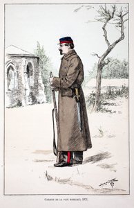Fredens voktere mobiliserer (1871). Etsning i farger, for illustrasjon "" History of the corps of peacekeepers""" bok utgitt i regi av Louis Lepine (1846-1933), prefekt for politiet på Seinen, av Alfred Rey (1864-?) og Louis F. av Unknown artist