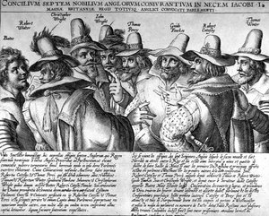 Krutt: Bates, Robert Winter, Christopher Wright, John Wright, Thomas Percy, Guido Fawkes, Thomas Winter av Unknown artist