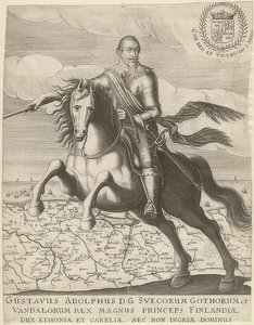 Gustav II Adolf foran et kart over Pommern i bakgrunnen. 1630 av Unknown