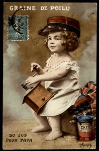 Hårete frø - juice til pappa: et barn som støper kaffe, postkort, sd. tidlig på 1900-tallet. av Unknown Artist