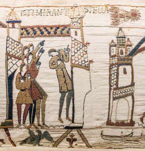 Halley's Comet og Harold mottar dårlige nyheter, Bayeux-teppe (ullbroderi på lin) av Unknown artist