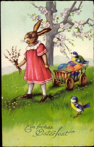 God påske, påskeharen trekker vogner, påskeegg, spurver av Unknown Artist