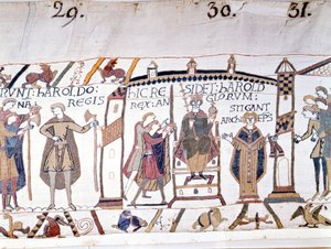 Harold II (1022 - 1066) ble utropt til konge ved døden av Edward Bekjenneren i 1066, men døde snart i slaget ved Hastings. Bayeux-teppe eller broderi av dronning Mathilde av Unknown artist