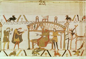 Harold kommer før King Edward, Bayeux Tapestry (ullbroderi på lin) av Unknown artist