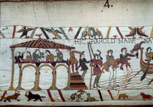 Harold blir sendt av kongen av England Edward the Confessor til Normandie for å informere hertug Vilhelm Erobreren (1027-1087) om at han vil bli hans etterfølger til kronen av England: det siste måltidet på land før han går ombord for Normandie-detaljene a av Unknown artist