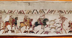 Harold blir sendt med mennene sine til Normandie av Edward the Confessor, Bayeux Tapestry (ullbroderi på lin) av Unknown artist