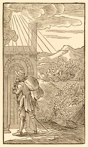 Den som vil gå inn må først uten å stå og banke på porten... fra The Pilgrims Progress From This World, To That Who Is To Come av John Bunyan (1628-1688) Pilegrimen når inngangen til av Unknown
