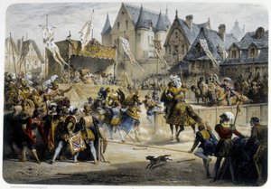 Henri II (1519 - 1559) såret dødelig av Montgomery under turneringen 29. juni 1559, rue St Antoine, foran Palais des Tournelles - litografi av Unknown artist
