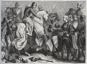 Henry III (Henry III Plantagenet av England) (1207-1272) blir tatt til fange av Simon V av Montfort (ca. 1208-1265) ved Lewes i Sussex 1264 - gravering 1864 av Unknown artist