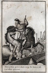 Heraclius I (Flavius Heraclius, Herakleios (ca. 575-610/641), bysantinsk keiser, spyd en persisk rytter (krig mot perserne), 7. århundre. Gravering i "Beaute de l'histoire du basse empire" redige av PJBN 1814. av Unknown artist