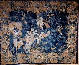 Hercules skyter ned Hydra av Lerna som brenner hans tjener Iolaus Tapestry ull og silke, anonym, sent på 1500-tallet. Se, renessansens nasjonalmuseum. av Unknown artist