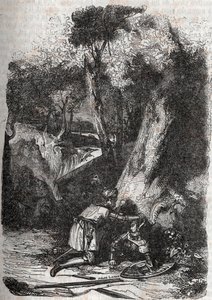 Hermonides veltet og reddet av Zerbin - 1851 gravering fra "" Furious Roland"" (Orlando furioso) (1500-tallet) av Ludovico Ariosto, kjent som Ariosta - Edition oversatt fra italiensk av greven av Tressan og utgitt av Gustave Harvard 1851 av Unknown artist