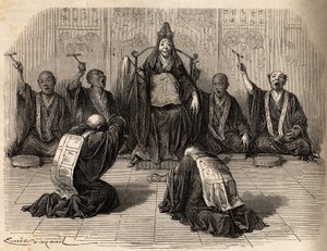 Høybuddhistprest blir tilbedt, omgitt av disiplene hans som rytmerer ritualet med gong og cymbaler. Gravering for å illustrere reisen til Japan i 1863-1864, av Aime Humbert, minister for det sveitsiske konføderasjonen, i «Le tour du monde, nouveau journal av Unknown artist