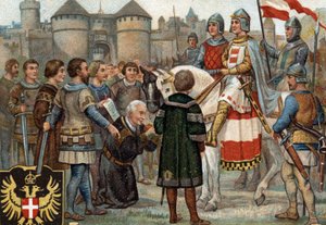 Historiske episoder av kjente byer: Rudolf av Habsburg (Rodolf I av det hellige rike 1218-1291) tok Wien i besittelse (1276). Rodolf I var romernes konge og ved å ta byen Wien i besittelse grunnla han Habsburgernes makt. Chromol av Unknown artist