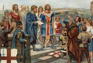Historiske episoder av kjente byer: Alfred den store (849-899) returnerer London til sine tidligere innbyggere (886), "Freden til Alfred og Guthrum" markerte angelsaksernes seier mot danskene (= Viking). Kromolitografi fra 1800-tallet. av Unknown artist