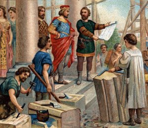 Historiske episoder av kjente byer: Clovis elit Paris som permanent bolig (i 508). Kromolitografi fra 1800-tallet. av Unknown artist