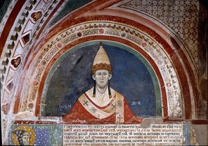 Historien om den hellige Frans av Assisi: representasjon av pave Innocenzo III, som viser boblen som bekrefter fransiskanerstyret i 1210 (fresco) av Unknown artist