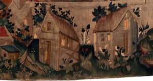 Historien om Saint Piat og Saint Eleuthère, Scene 7 dåp av de eksilkristne, Detalj nederst. To hus. av Unknown artist