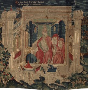 Historien om Saint Piat og Saint Eleuthère, scene 9: Saint Éleuthère er bekreftet av paven som biskopen av Tournai av Unknown artist