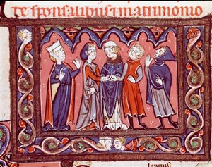Historie om kanonisk lov: "" bryllupsseremoni""" Miniatyr fra "Decretales"" av Giovanni d