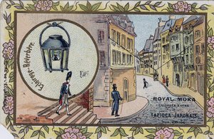 Belysningens historie: Belysning av gatelykter. Kromolitografi som pakker inn Royal Moka chicoree. av Unknown artist