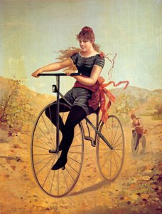 Sykkelens historie: velocipedist eller en kvinnepedal på en sykkel. Trykk fra 1800-tallet av Unknown artist