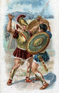 Historien om livet til Achilles, legendariske helter fra den trojanske krigen: Achilles kjemper mot Hector for å hevne Patrocles død. Kromolitografi fra 1890. av Unknown artist