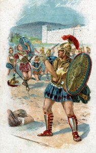 Historien om livet til Achilles, legendariske helter fra den trojanske krigen: Patroklos får tillatelse fra Achilles til å redde grekerne ved å bære våpnene hans. Han vil bli drept av Hector, som tar Achilles sine våpen som tyvegods. Kromolitografi fra 189 av Unknown artist